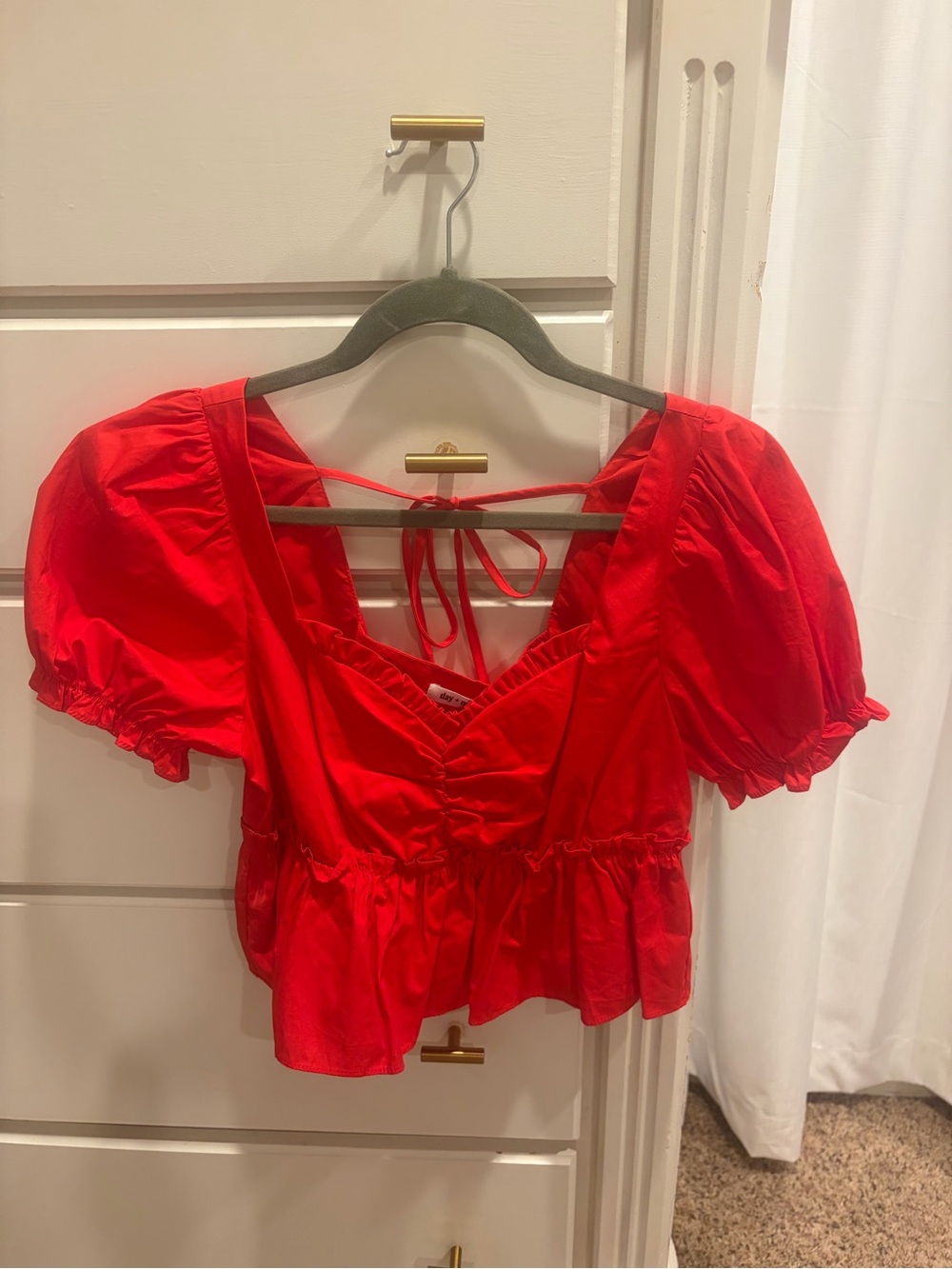 Women's Red Puff-Sleeve Tie-Back Crop Blouse